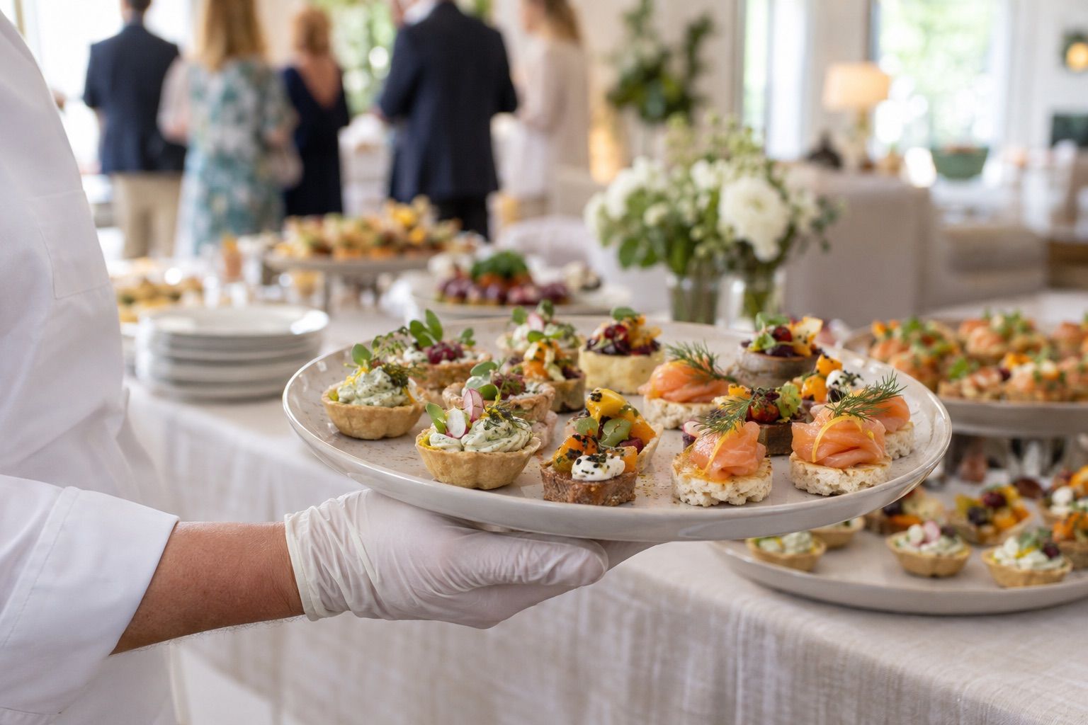 Main gantée d’un serveur présentant un plateau de canapés, réception floue en arrière-plan.