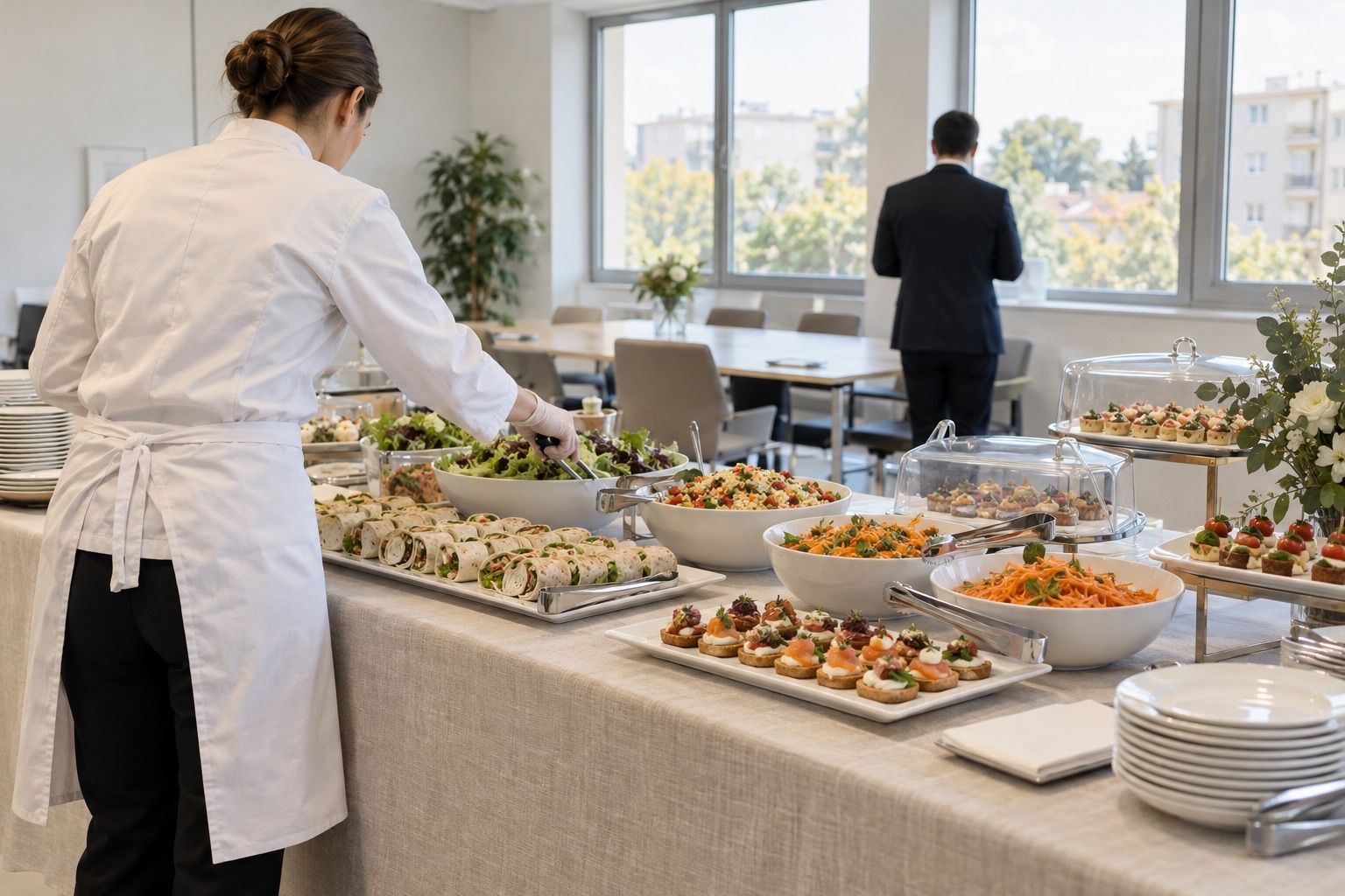 Buffet dans une salle de réunion moderne, salades et wraps, pinces dans chaque plat.