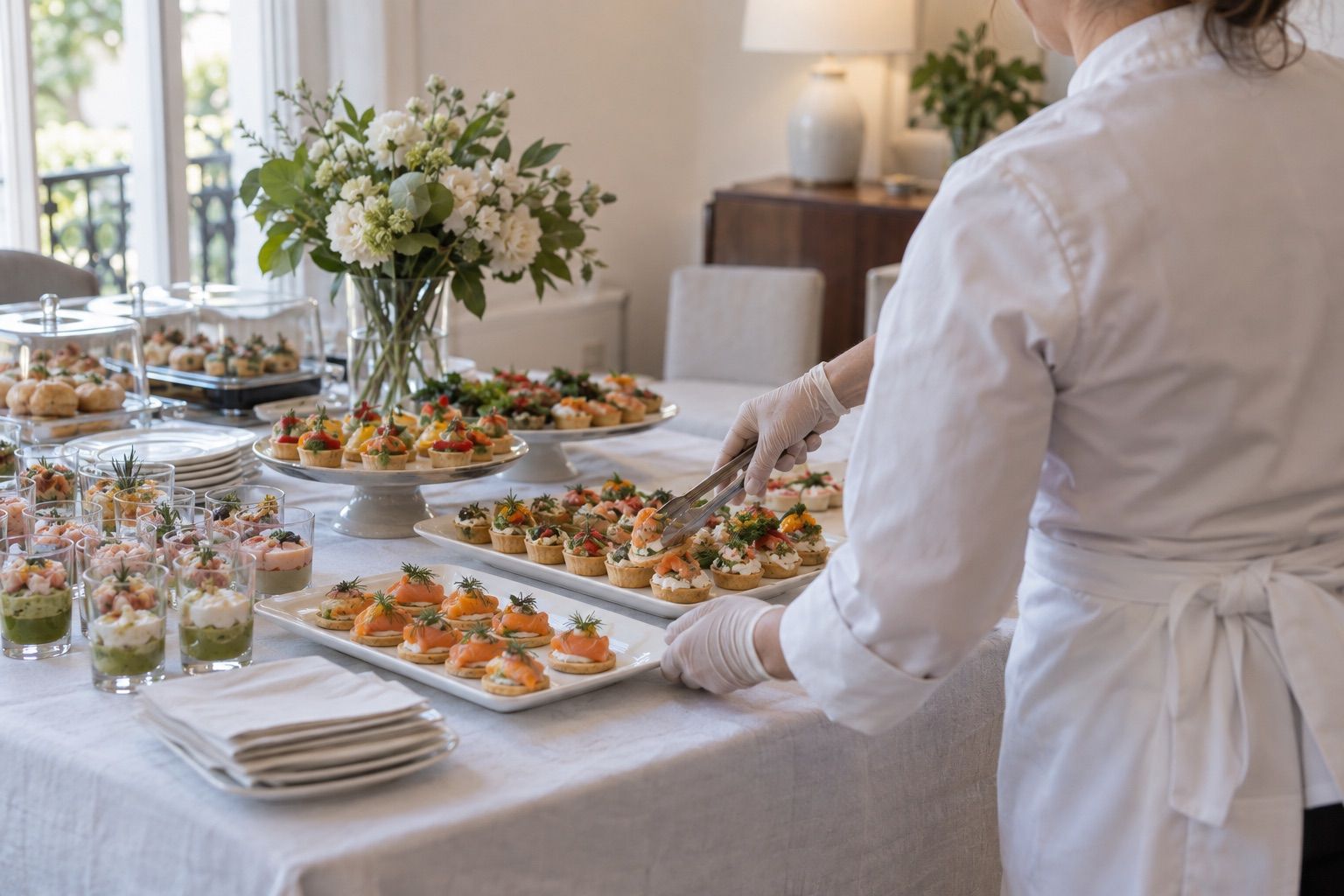 Buffet sur nappe blanche, canapés et verrines, serveur disposant les bouchées avec une pince.