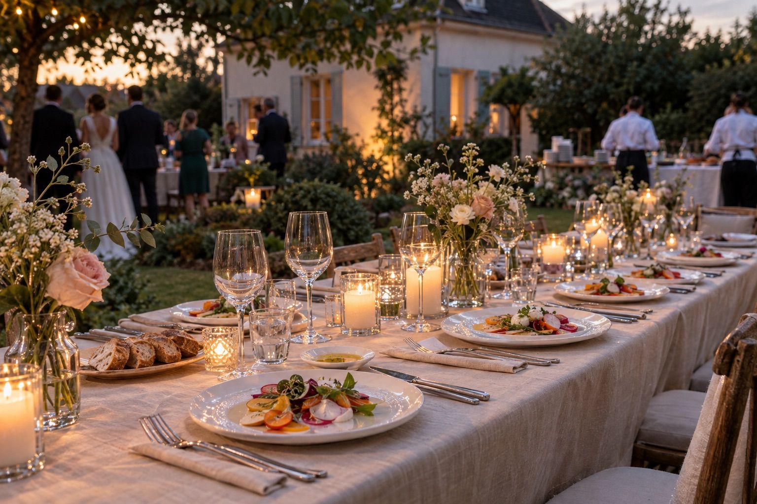 Table de dîner de mariage en extérieur au crépuscule, bougies et entrées servies sur assiettes.