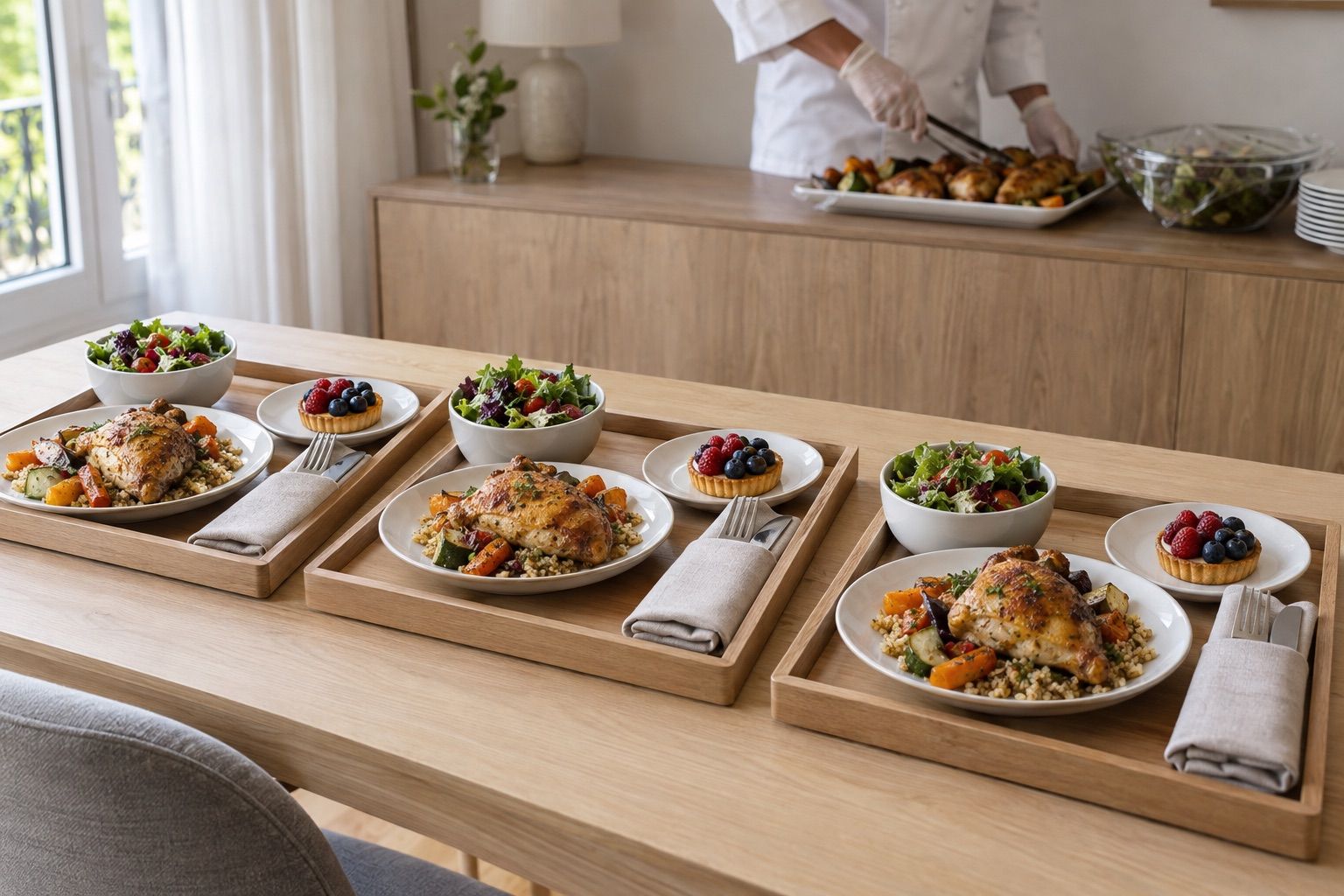 Trois plateaux-repas individuels sur un bureau, chacun avec salade, plat, dessert et couverts emballés.