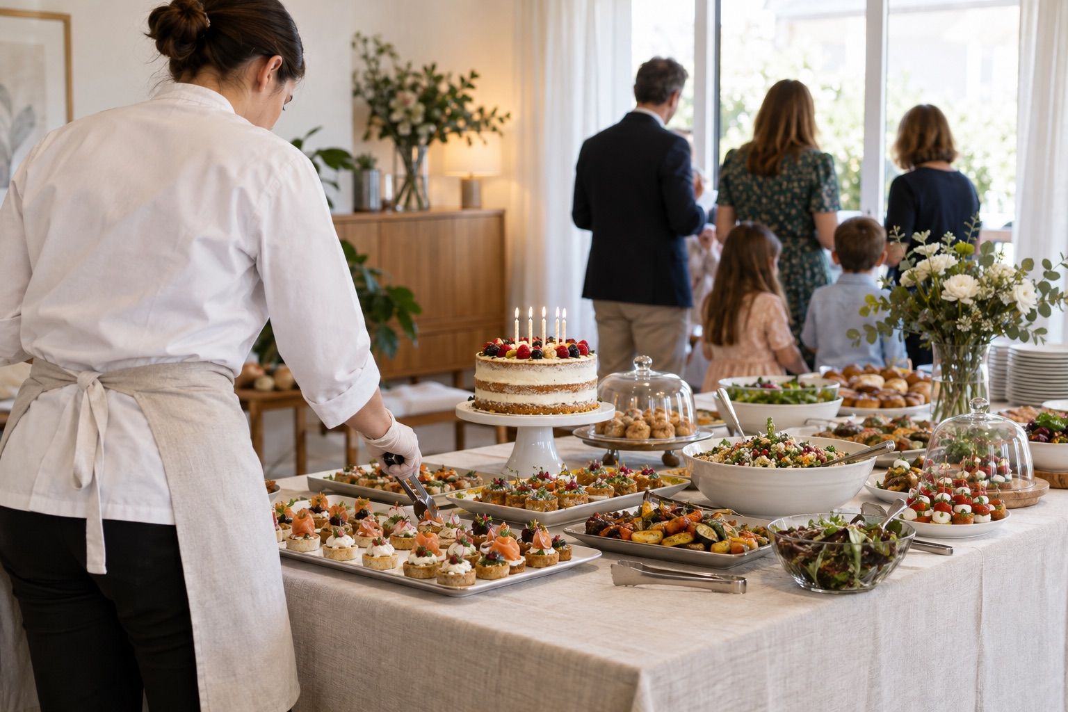 Buffet d’anniversaire familial à domicile, plats colorés accompagnés de cuillères de service et gâteau.