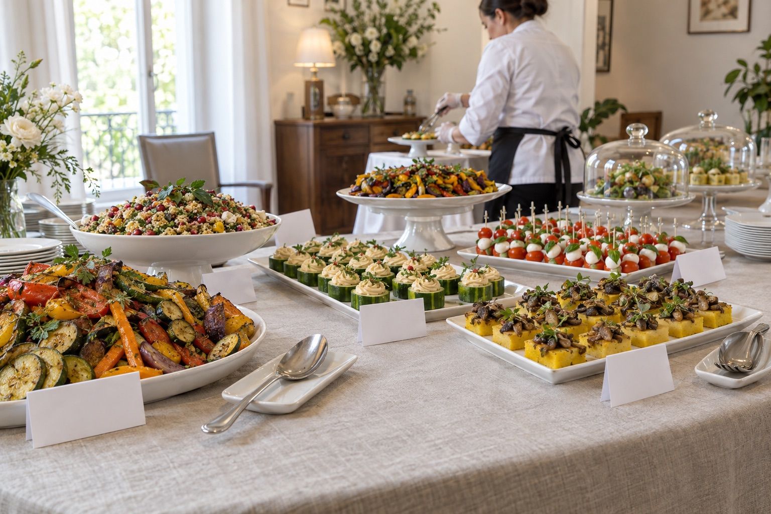 Plats végétariens et sans gluten sur un buffet, étiquettes vierges et cuillères de service.